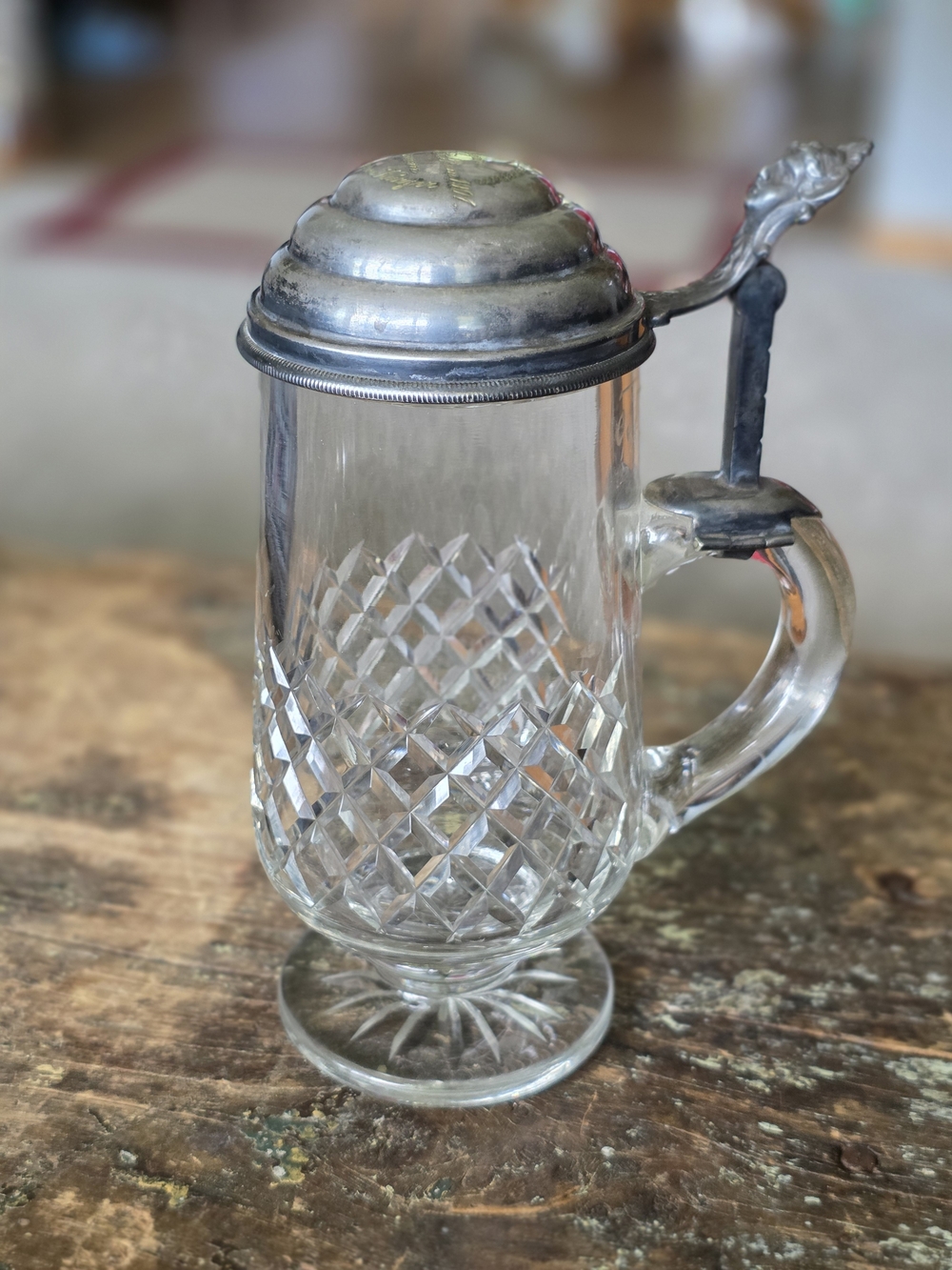 Glass Beer Stein with Pewter Lid - Clear 1901 German